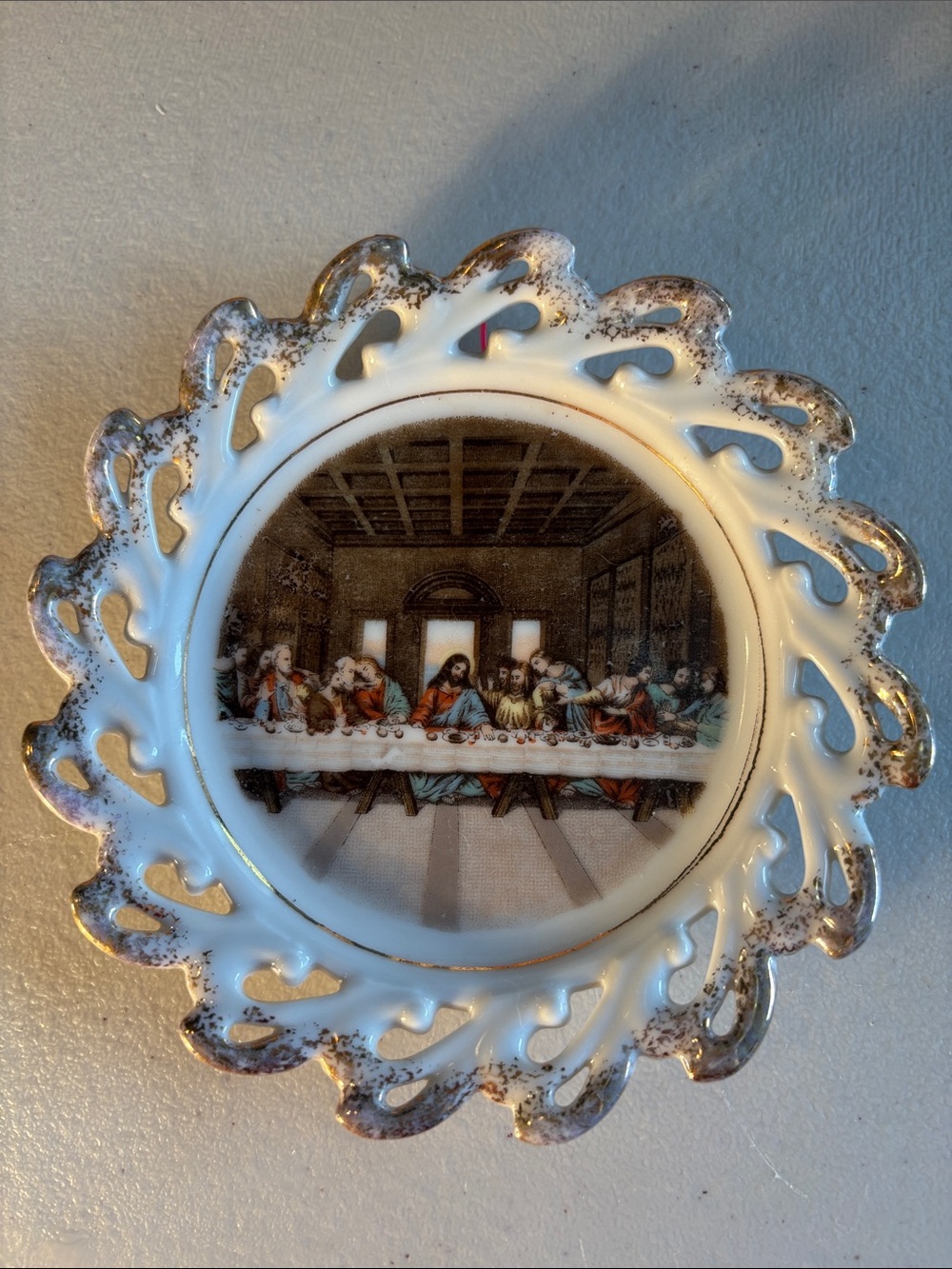 Vintage MCM Last Supper Reticulated Gold-Trimmed Lace Porcelain Plate Japan